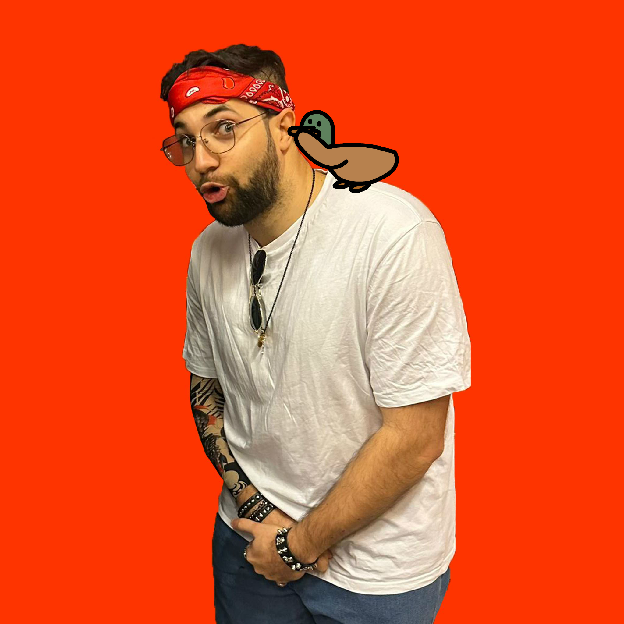 Improviser Kevin in costume with a cartoon duck on his shoulder
