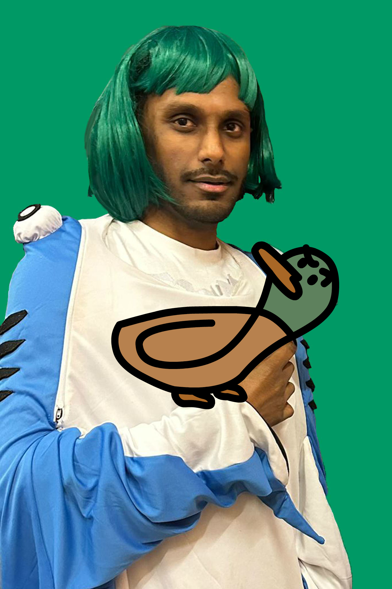 Improviser Ritish in a costume with a cartoon duck looking at him with judgement